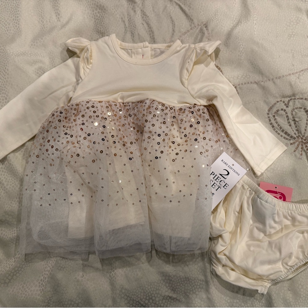 Cream and Gold Baby Dress with Tulle Skirt
